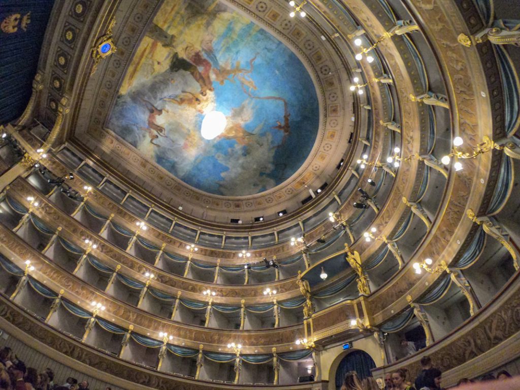 situated in the heart of Trento, the Social Theatre has a beautiful painted roof and gilt stalls 