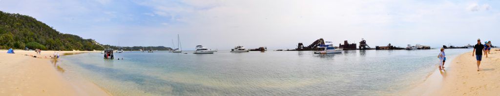 a panoramic shot of the Tangalooma wrecks