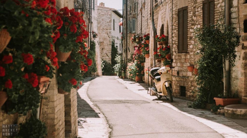 The narrow streets of Assisi Italy can't fit cars, but it makes the place much more peaceful. 