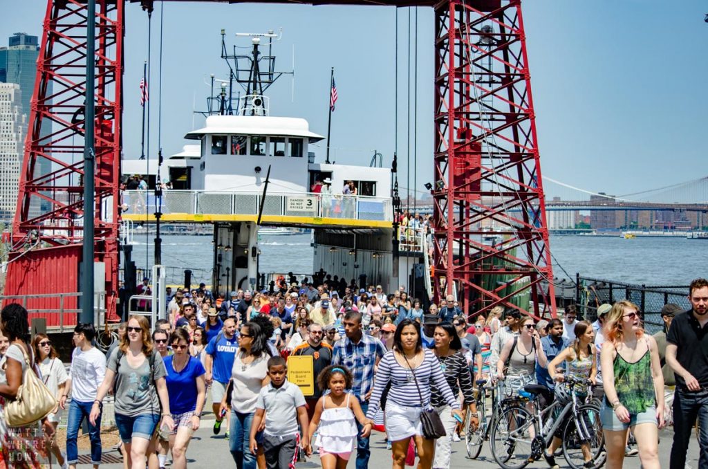 The boat disgorges hundreds of day trippers to Governors Island 