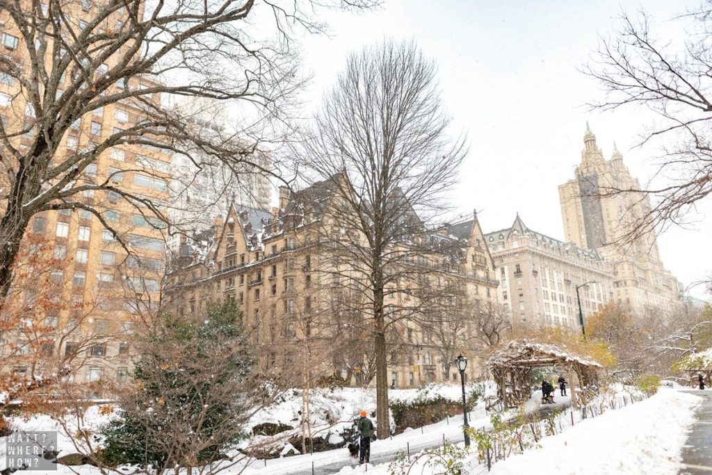 The Dakota Apartments sprinkled with fresh snow. 