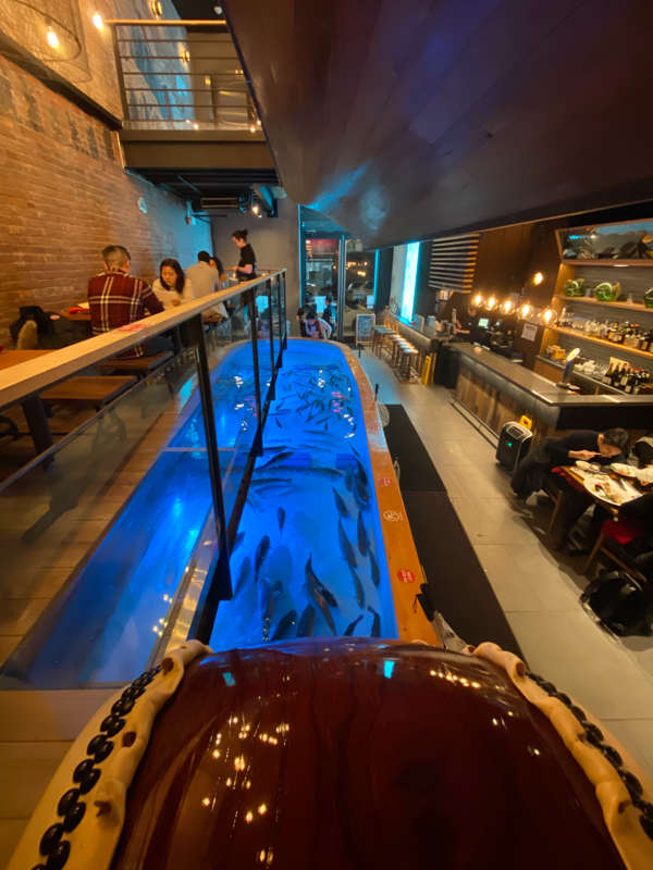 The Taiko drum watches over Zauo seafood restaurant in Chelsea New York