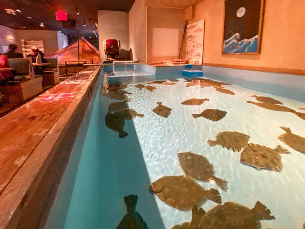 Head upstairs at Zauo chelsea seafood restaurant in New York and discover tanks of flounders and lobsters