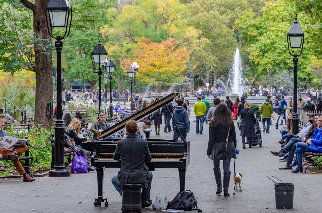 The pianist at Washington Square Park wheels his grand piano to the park most warm days of the year. 