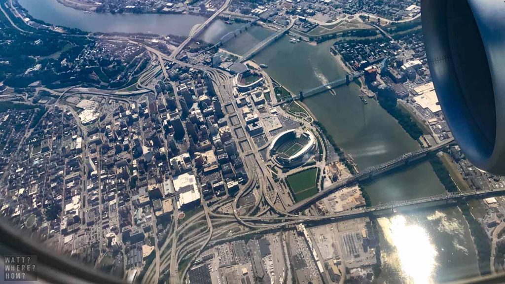 Even from the air you can spot some of the fun things to do in Cincinnati like the riverboats, the baseball, and the Roebling Bridge walk. 