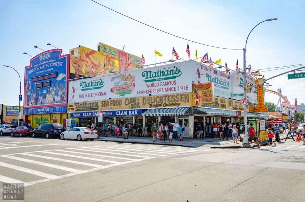 The first site you'll see on the Coney Island boardwalk is Nathan's Famous Hotdogs