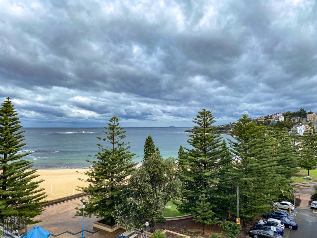 The rooftop of the Coogee Sands offers a great view of Coogee Beach and the Norfolk Island Pine trees. 