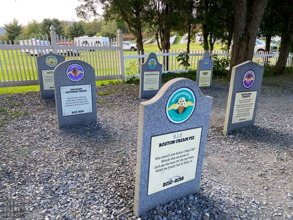 Ben & Jerry's Flavor Graveyard at Waterbury, Vermont honors discontinued flavors with headstones bearing witty homages. 