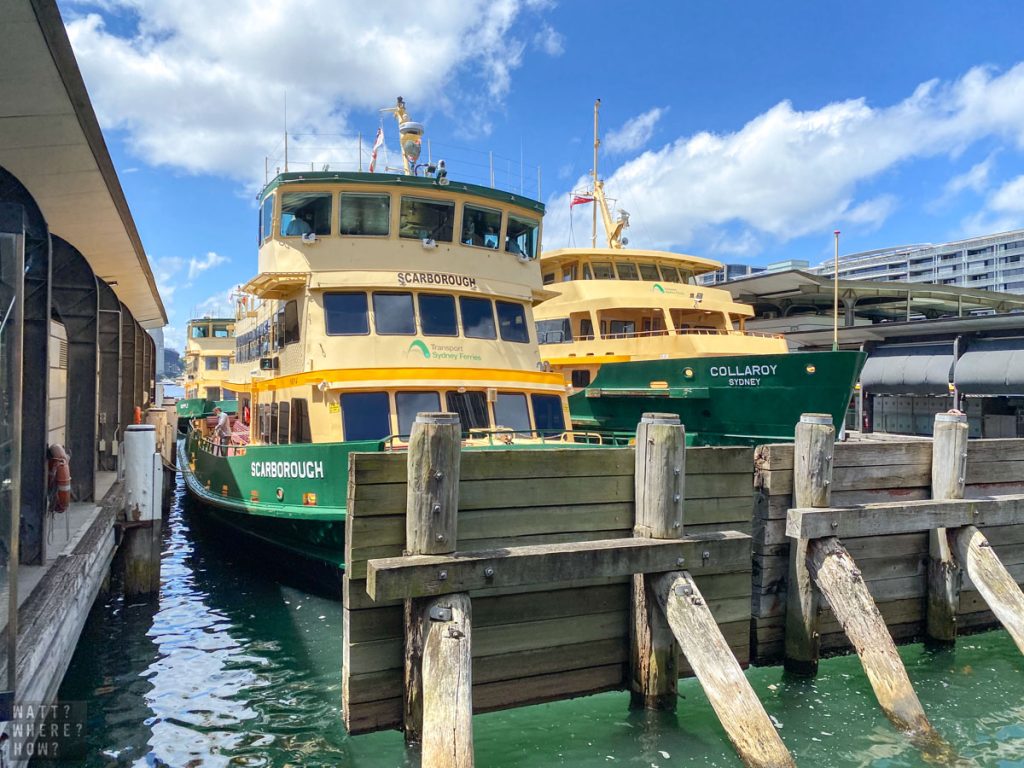 The iconic green and yellow Sydney ferries at Circular Quay take you to bays and beaches across the harbor. 