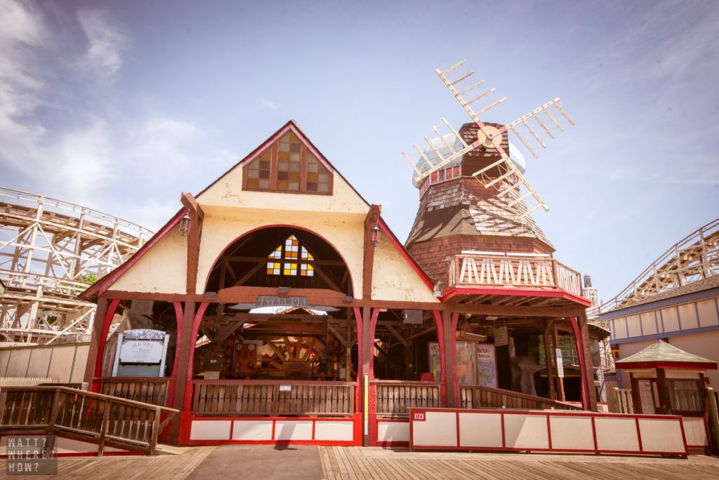 Ye Old Mill at Rye Playground is an Art Deco wooden ride that features a windmill on the outside and a water wheel inside. 